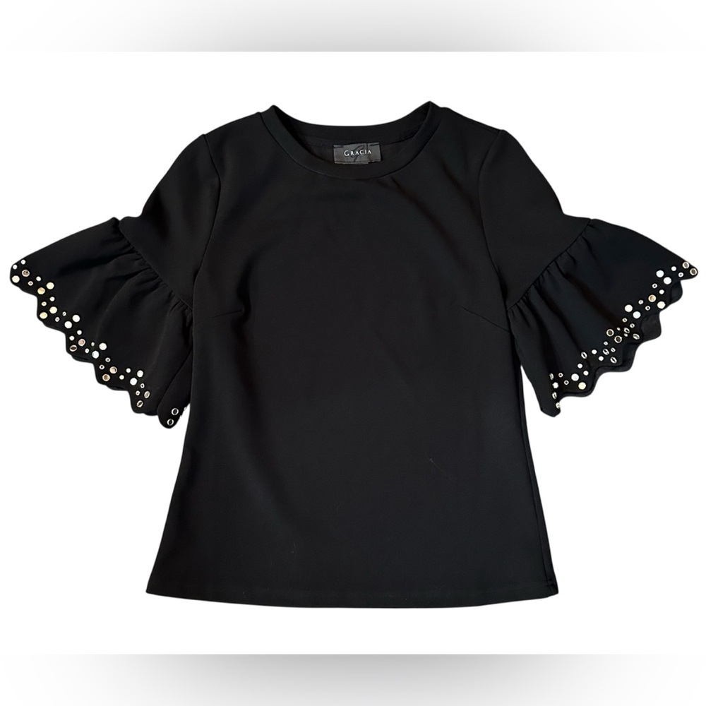 Gracia Black Top. Size Small. 32”-36” Bust 22” Length.  Mirrors on the Sleeves